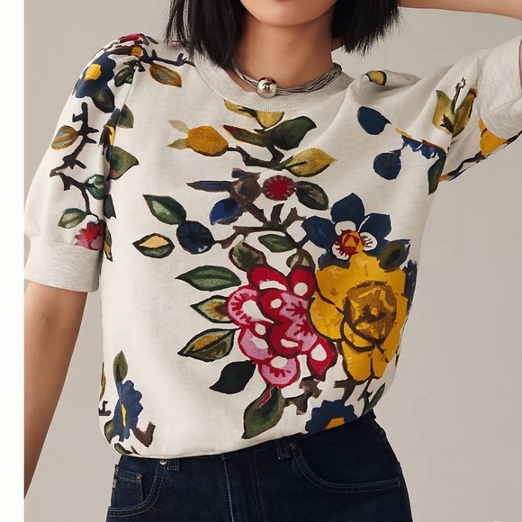 T.la Puff-Sleeved Pullover floral short sleeve sweatshirt sz XS yellow pink gray - Picture 12 of 12